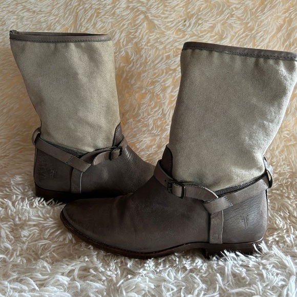FRYE Women’s Melissa Short Shaft Moto In Leather Canvas Gray  Boots Sz 9 B - Picture 2 of 10